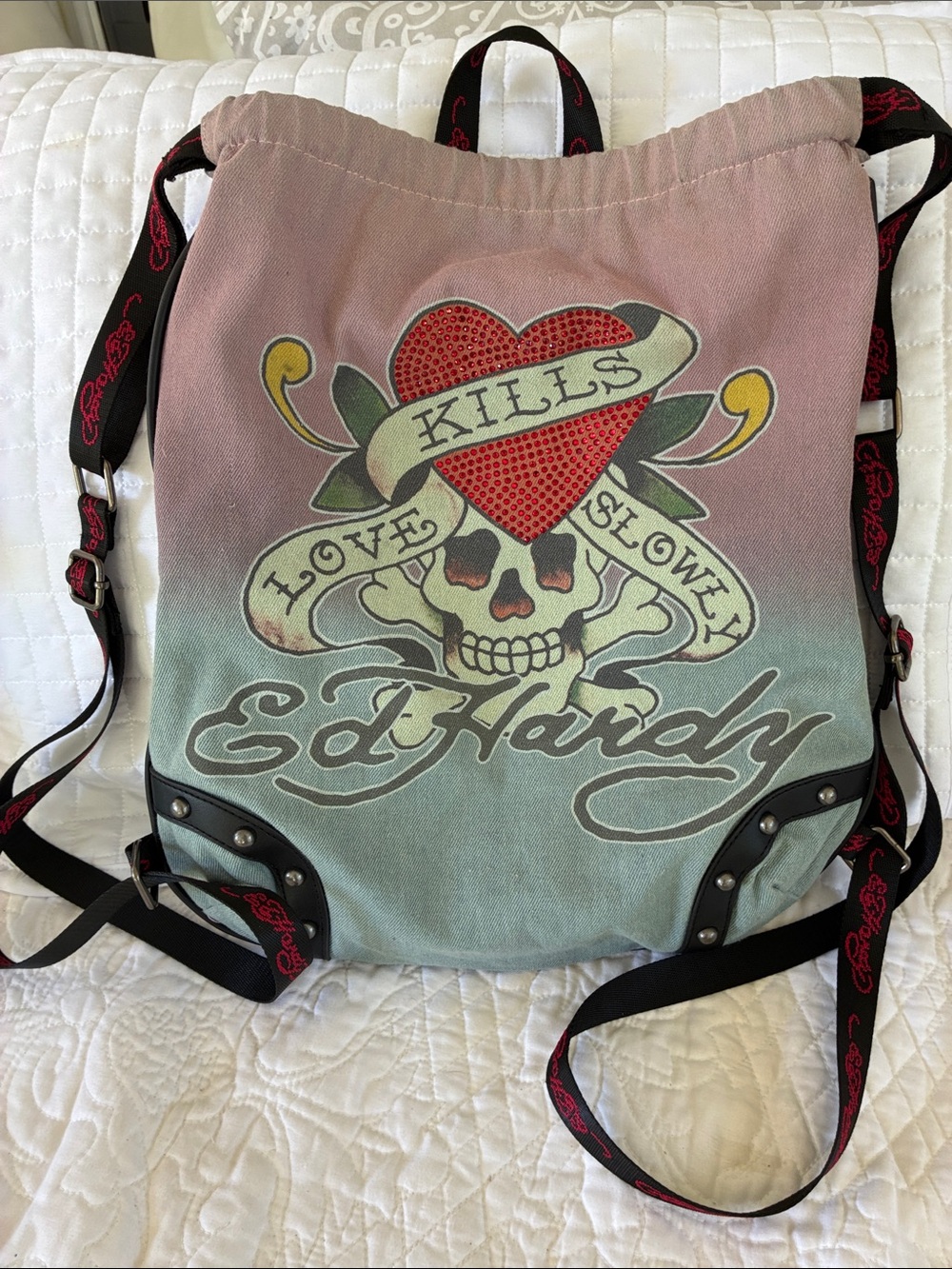 Ed Hardy Ombre Skull Heart Drawstring Backpack - Pink Teal